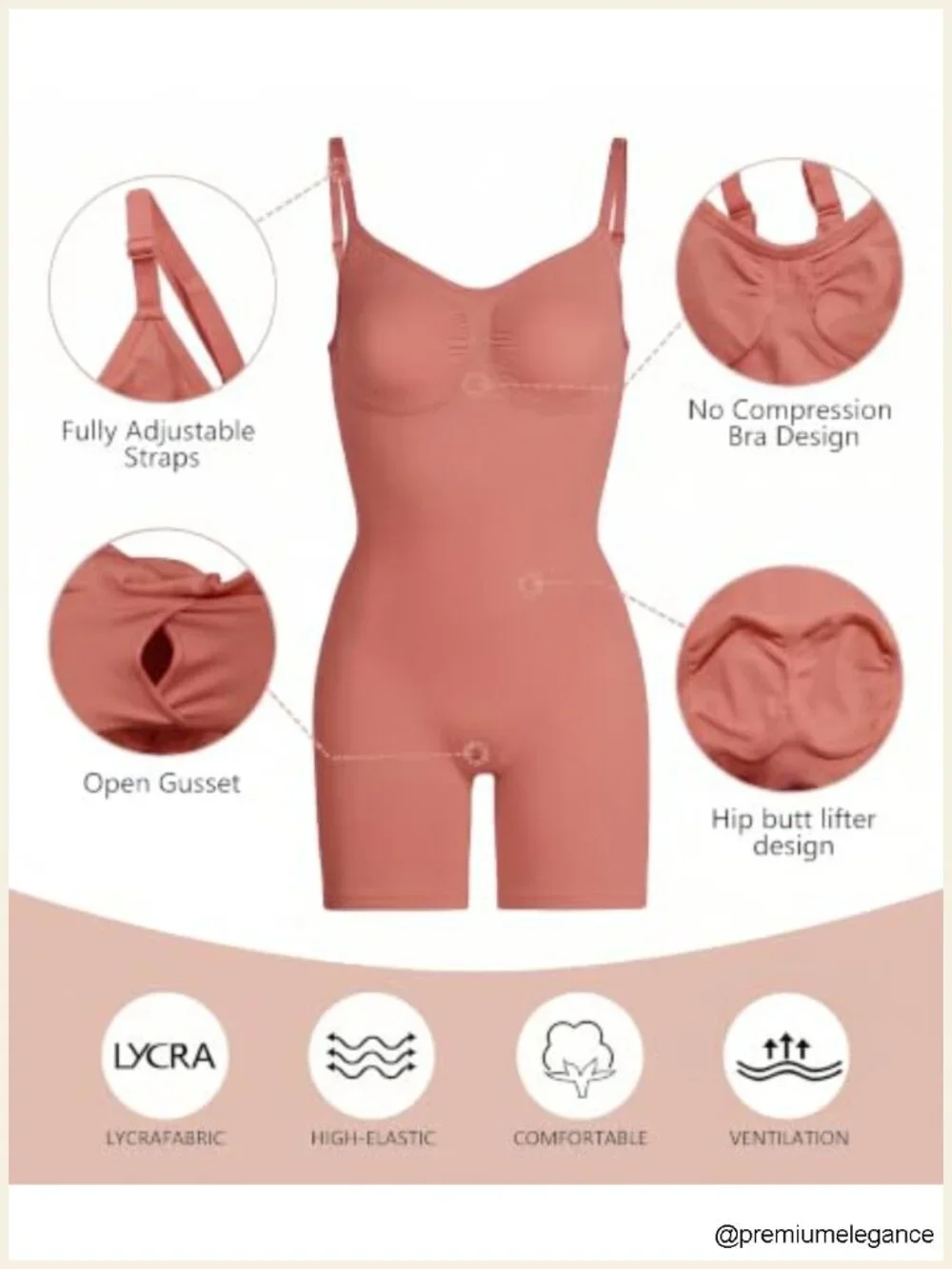 Seamless Tummy Control Bodysuit Shapewear Mid Thigh Shaper Open Gusset